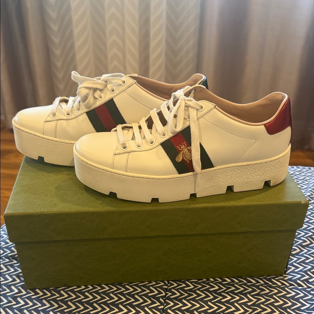 Gucci Ace Platform Sneakers Bee White Leather